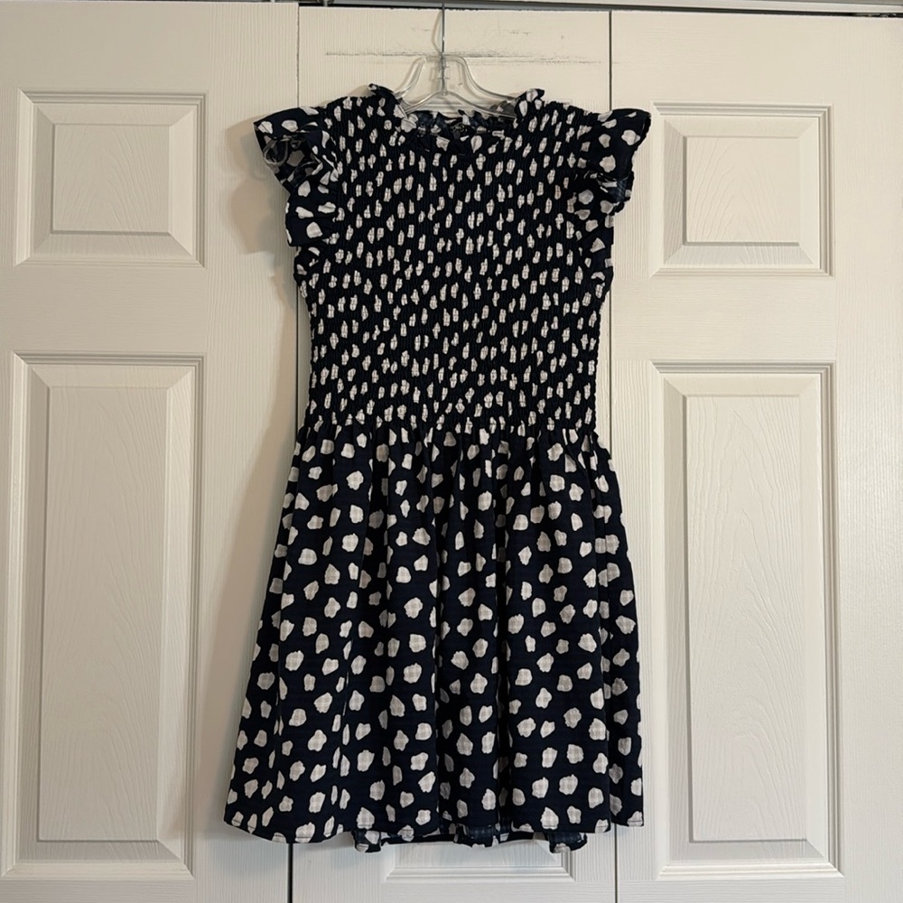 TCEC Navy White Mini Dress Women’s L Smocked Stretch Anthropologie. G1
